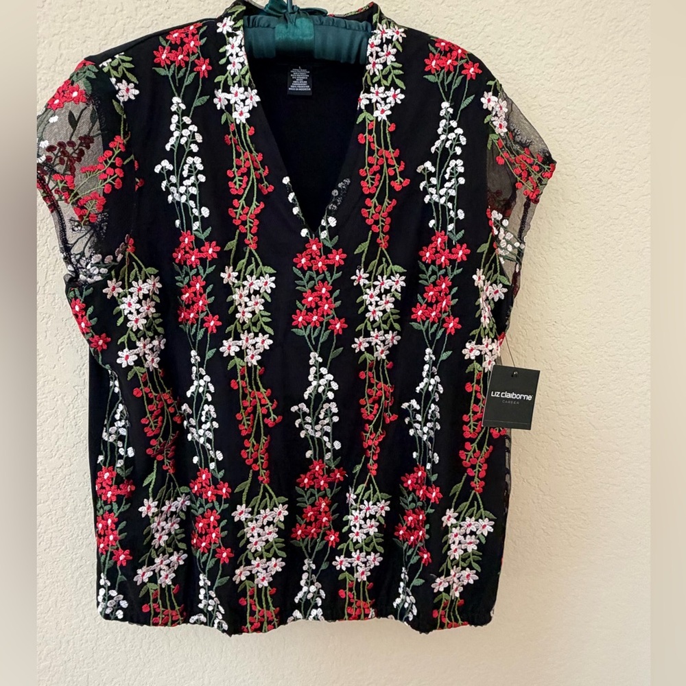 Liz Claiborne Black V-Neck Floral Embroidered Blouse
